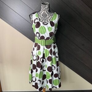 East 5th Women's Polka Dot Fit & Flare Belted Dress Size 8 Green Brown White
